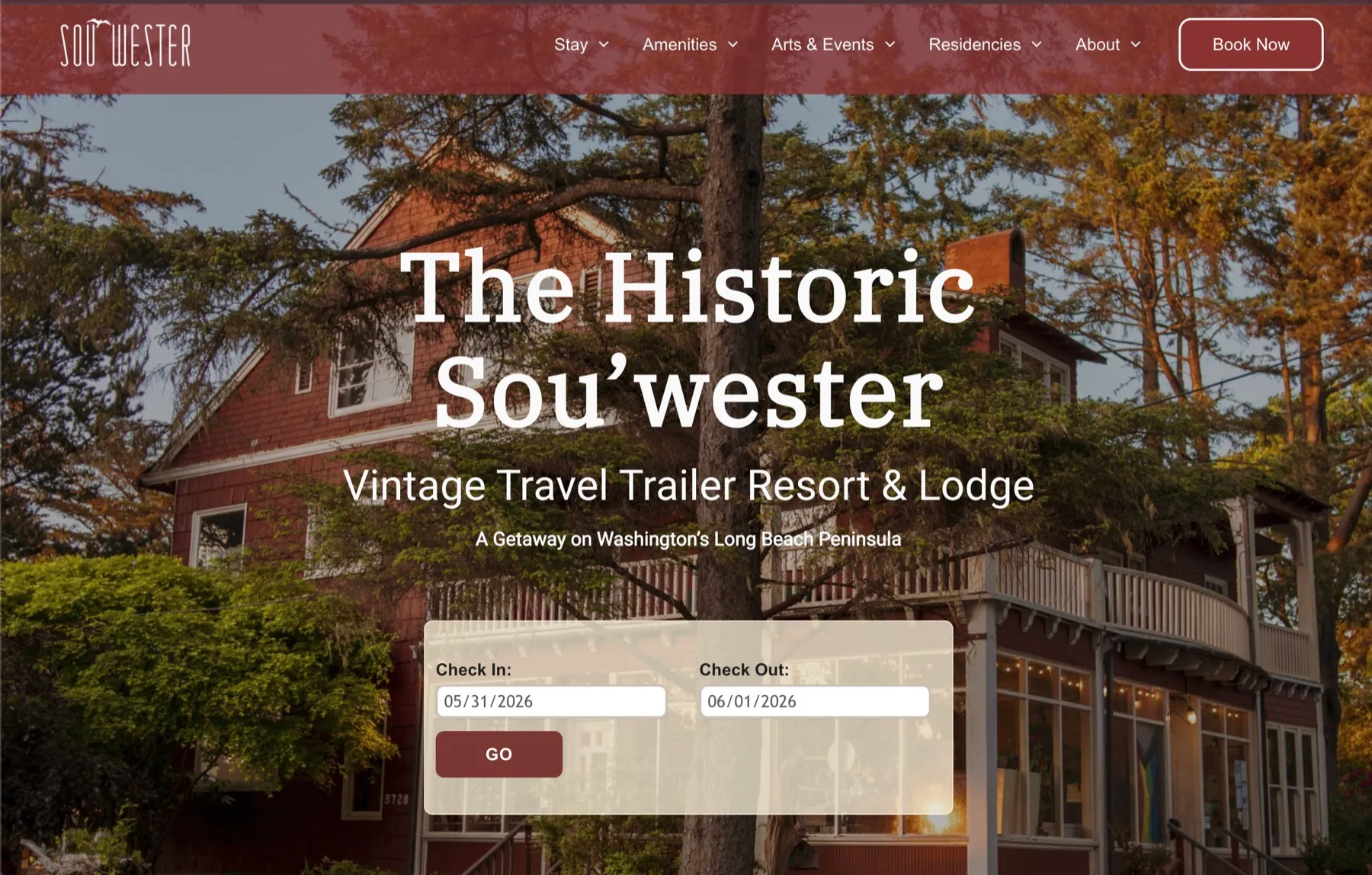 The Sou'wester Lodge homepage with vintage travel trailer resort branding