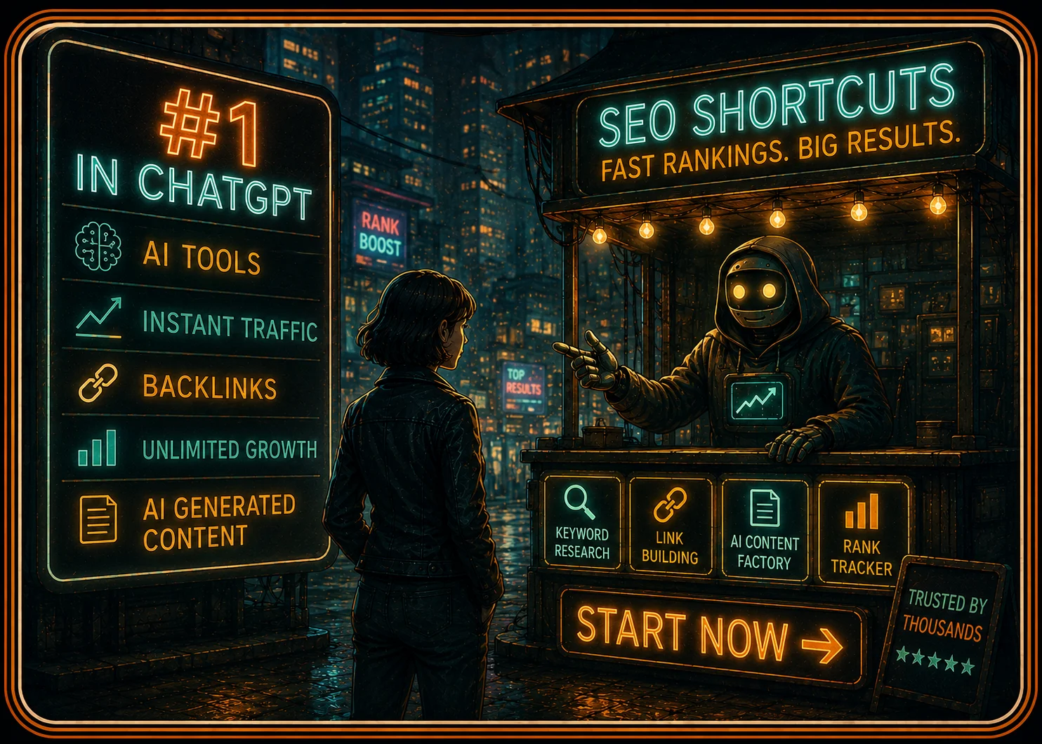 Illustration of a hooded robot vendor at an ‘SEO Shortcuts’ kiosk pitching ‘Fast Rankings, Big Results’ to a customer, beside a glowing ‘#1 in ChatGPT’ sign promising AI tools, instant traffic, backlinks, unlimited growth, and AI-generated content